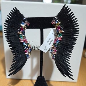 Black Wing Earrings with Multicolored Gems